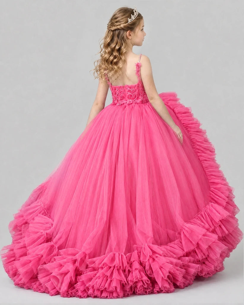 Hot Pink Ball Gown Girls Pageant Dresses Back
