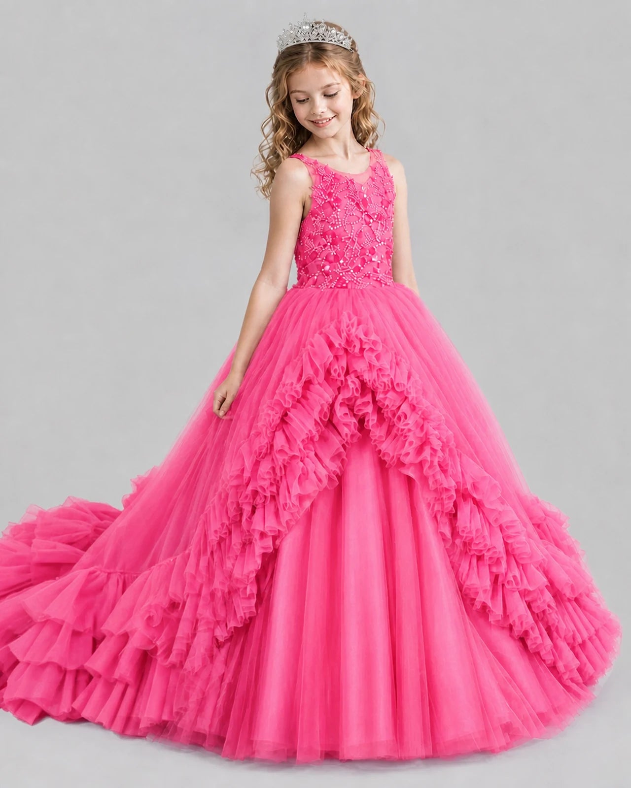 Hot Pink Ball Gown Girls Pageant Dresses Front