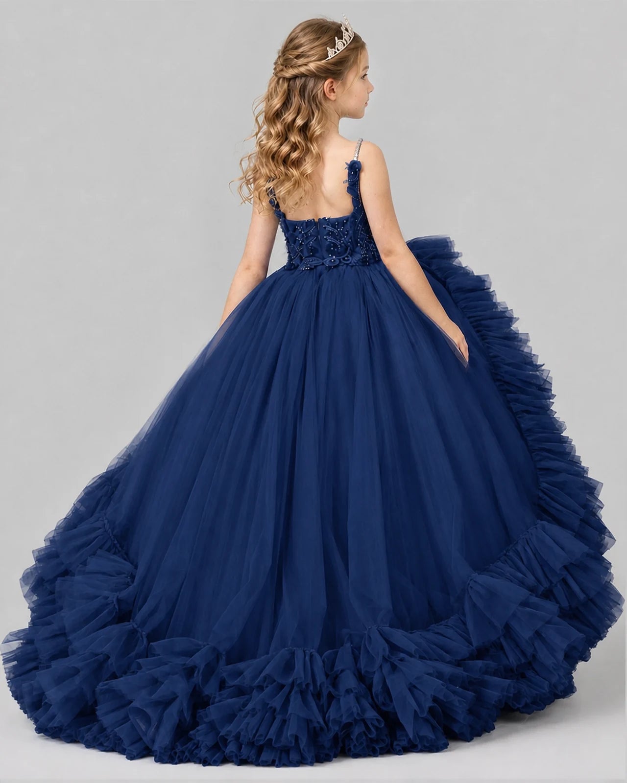 Navy Blue Ball Gown Girls Pageant Dresses Back
