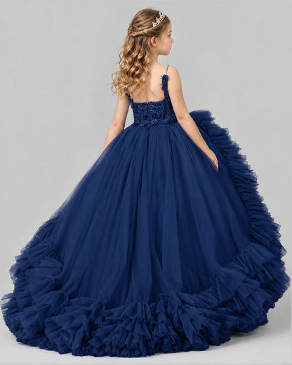 Navy Blue Ball Gown Girls Pageant Dresses Back