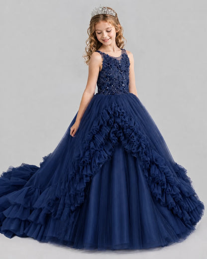Navy Blue Ball Gown Girls Pageant Dresses Front