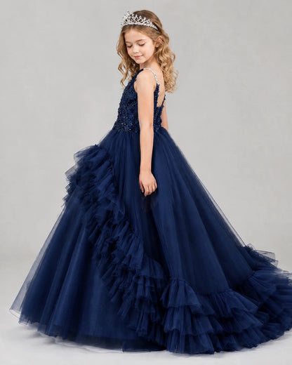 Navy Blue Ball Gown Girls Pageant Dresses Side
