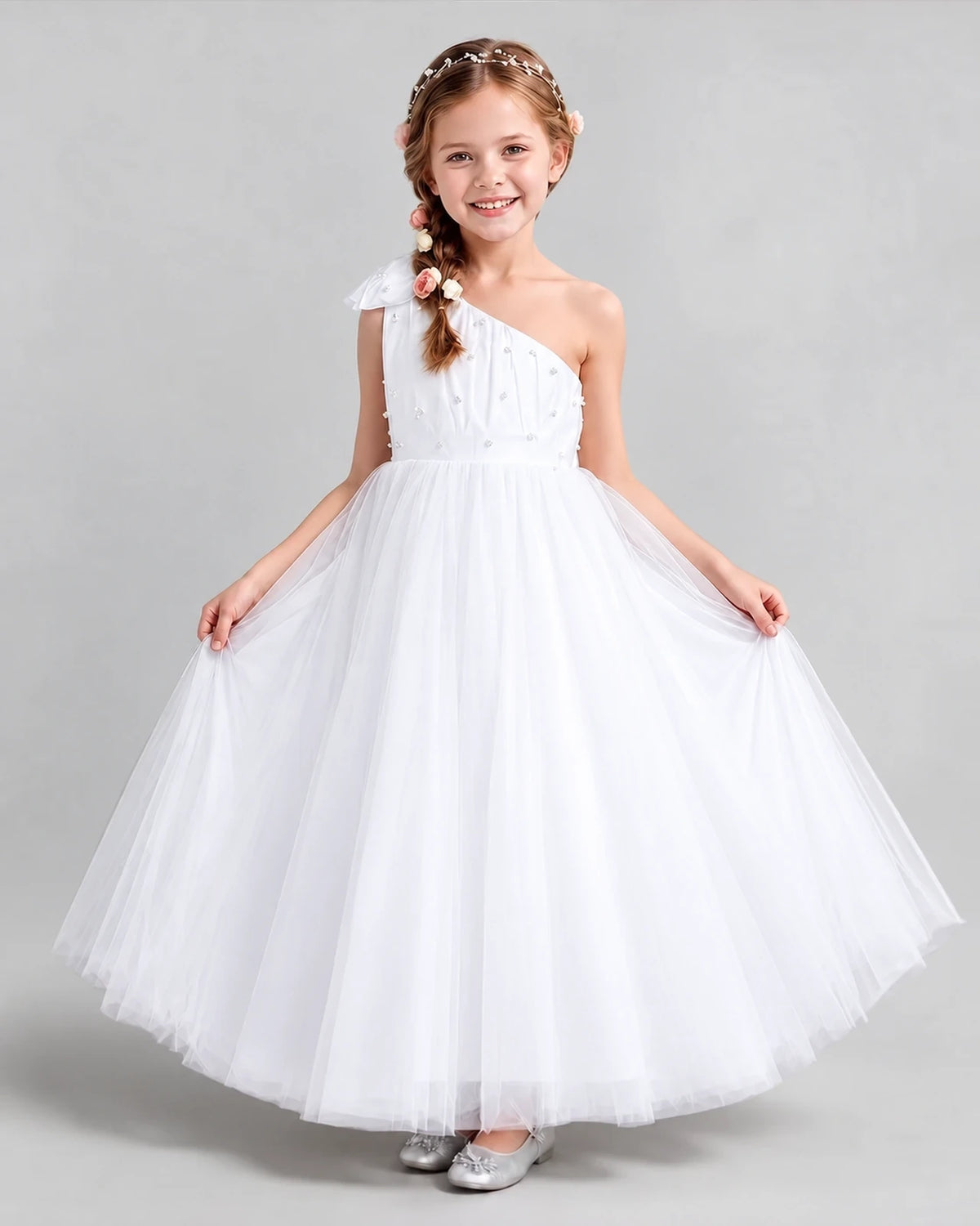 White Ball Gown Girls Formal Dresses Front
