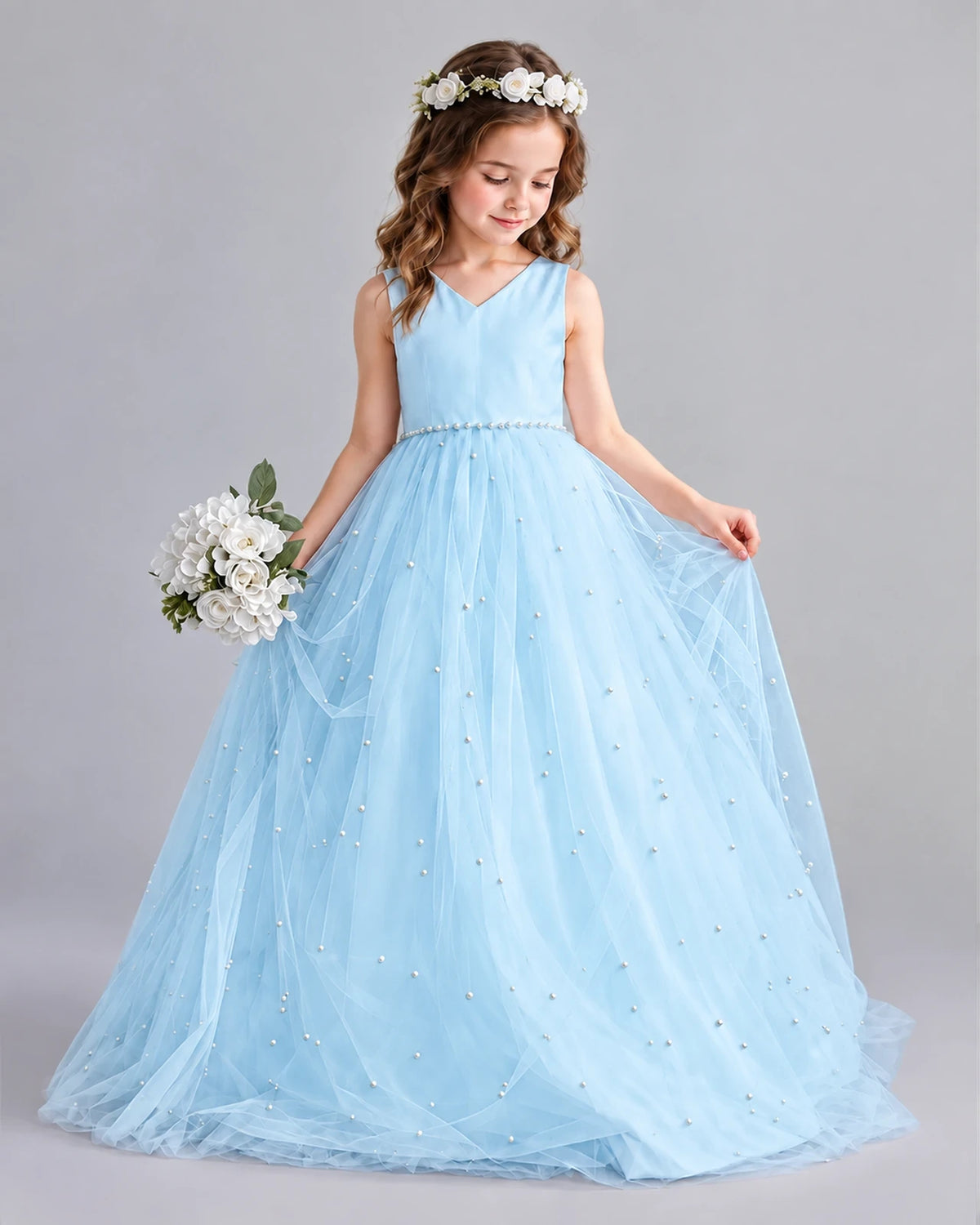 Baby Blue Ball Gown Girls Formal Dresses Pose