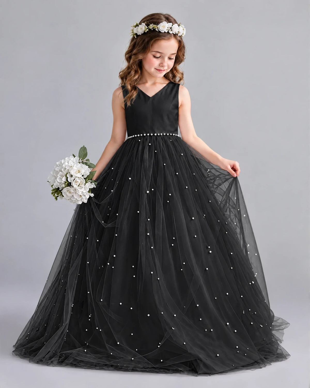 Black Ball Gown Girls Formal Dresses Pose