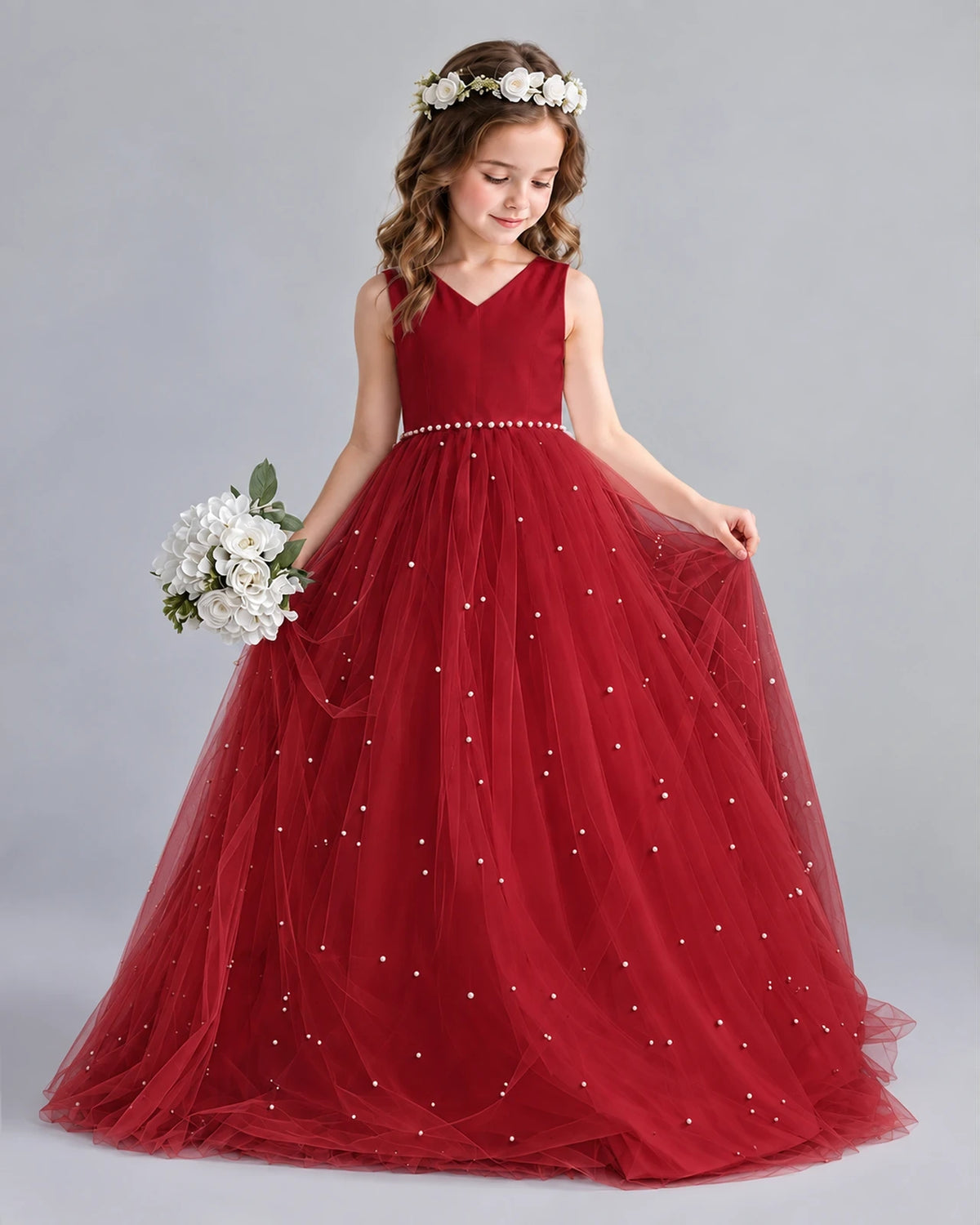 Burgundy Ball Gown Girls Formal Dresses Pose
