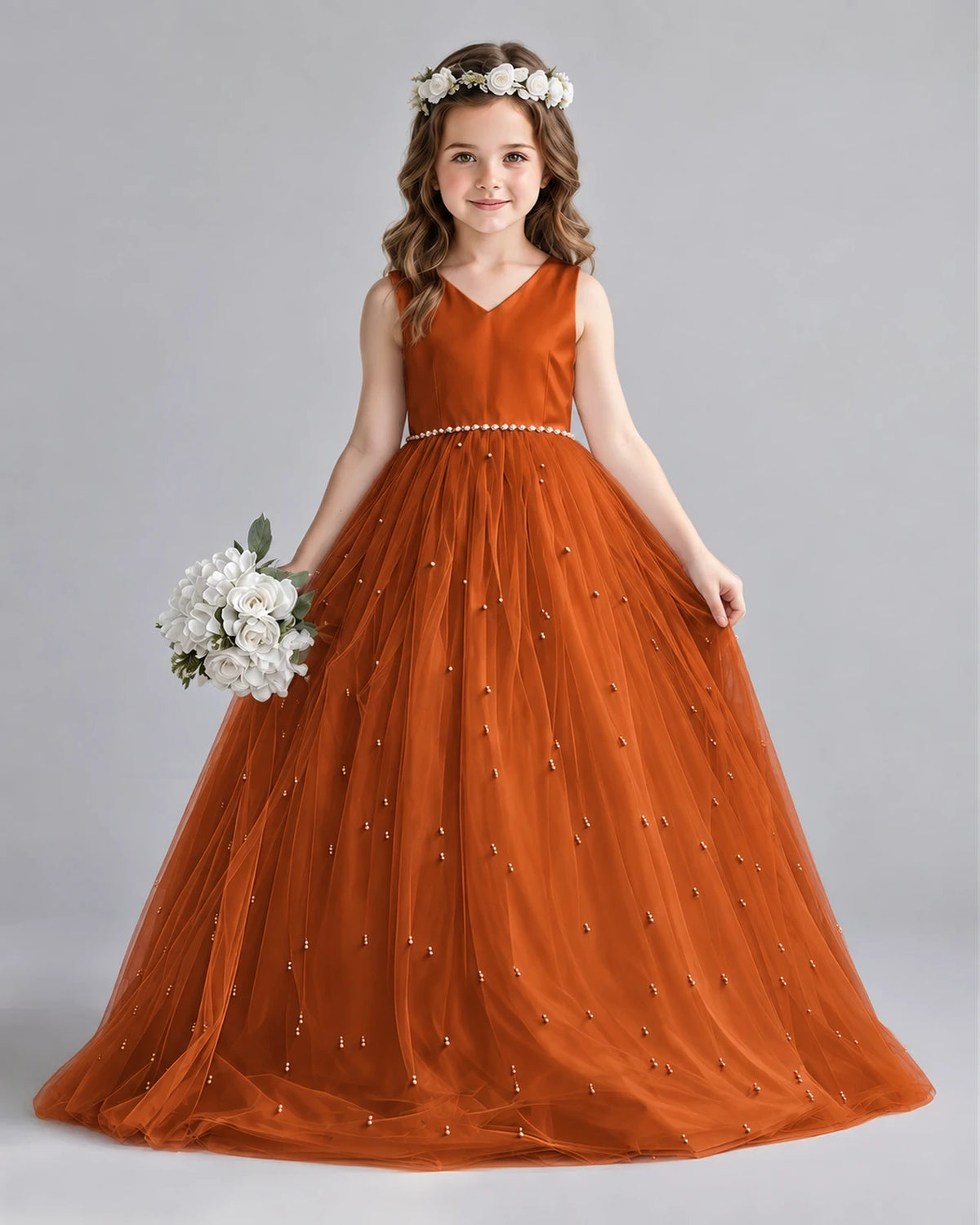 Burnt Orange Ball Gown Girls Formal Dresses Front