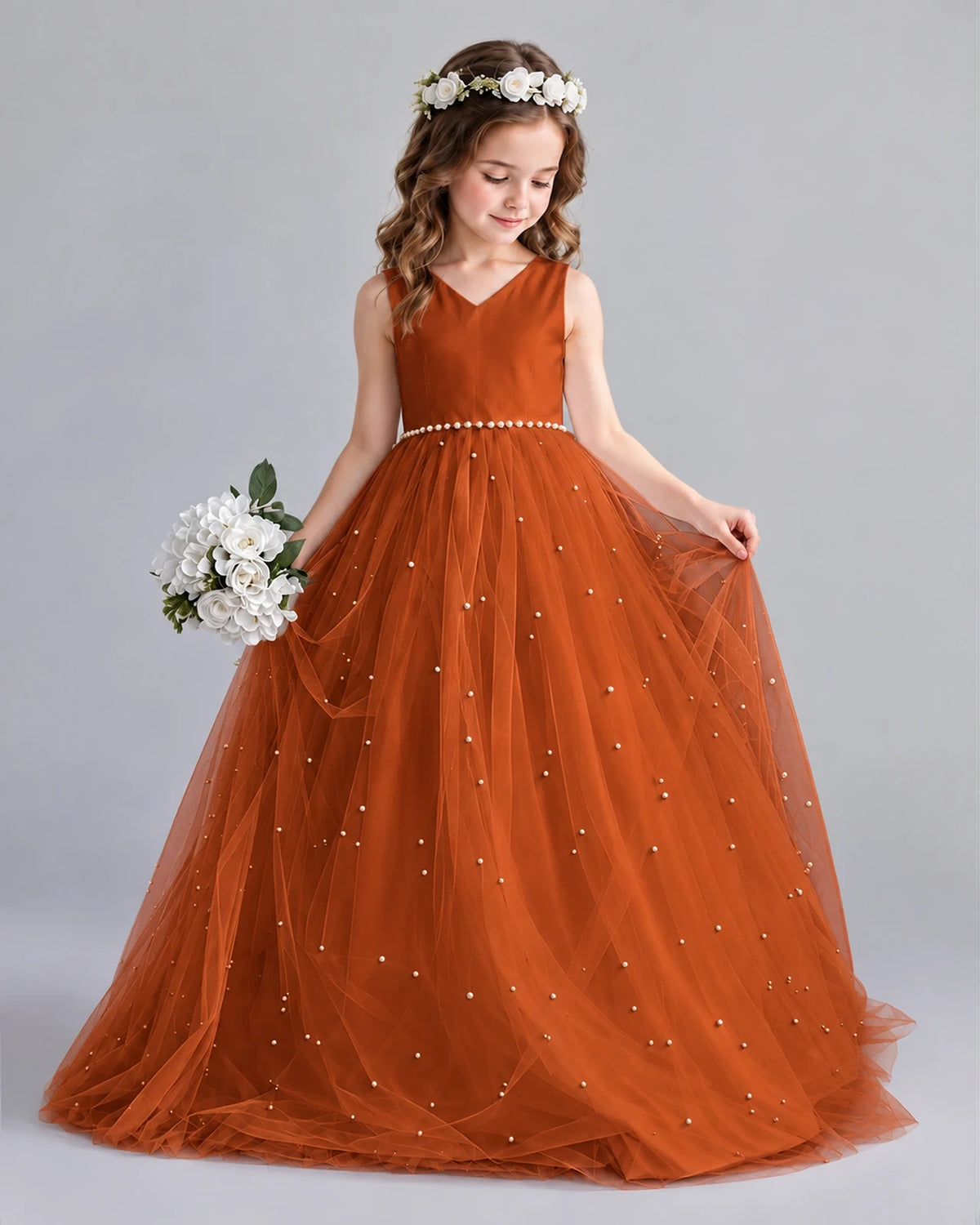 Burnt Orange Ball Gown Girls Formal Dresses Pose