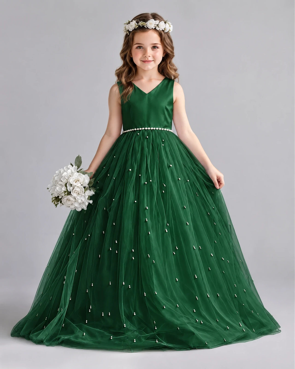Dark Green Ball Gown Girls Formal Dresses Front