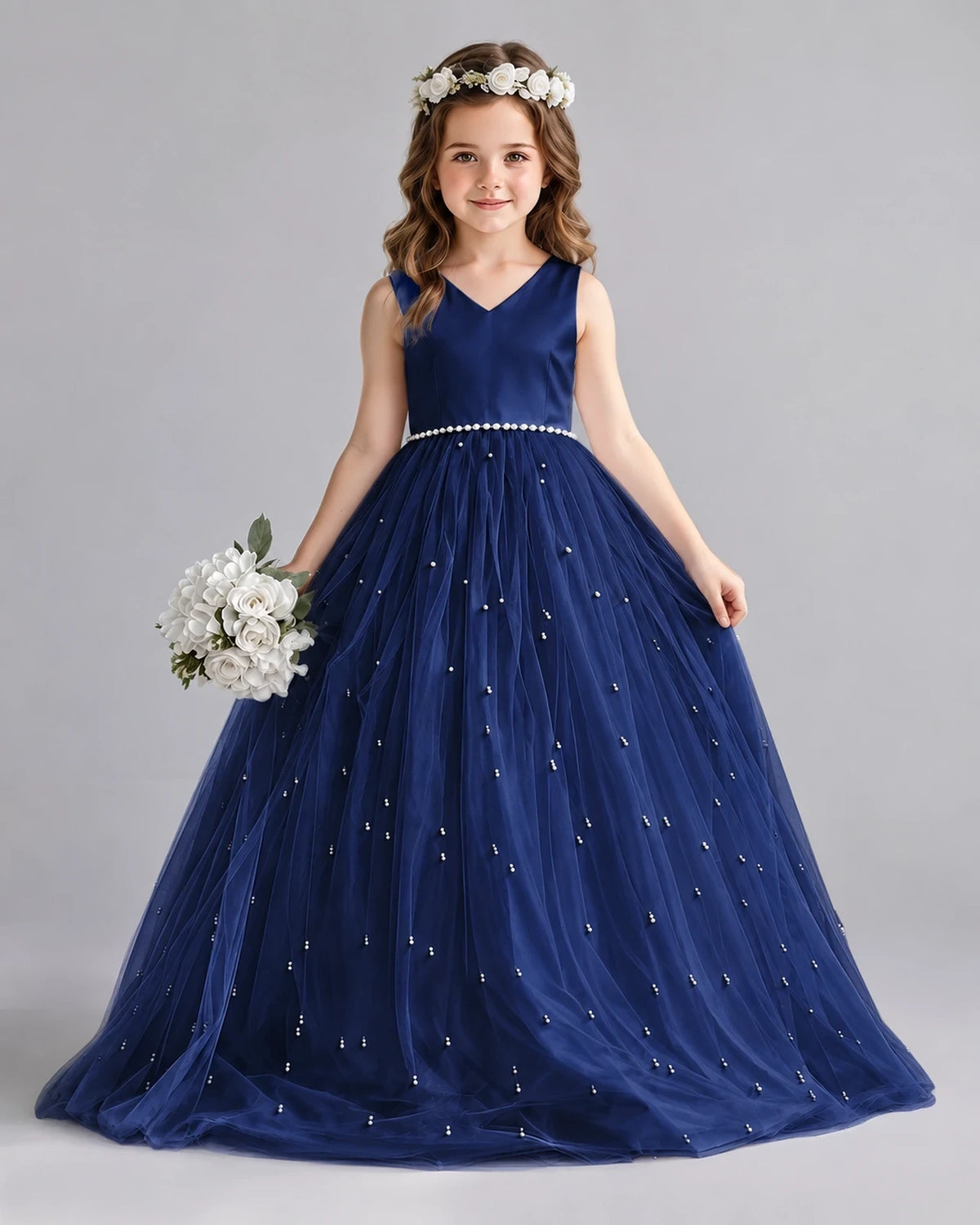 Navy Blue Ball Gown Girls Formal Dresses Front