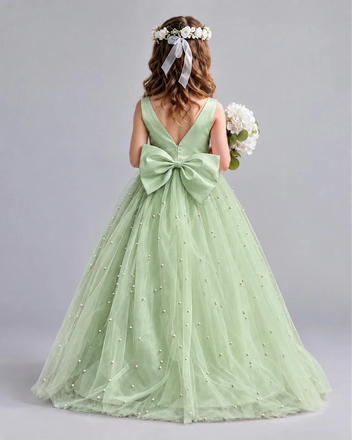 Sage Green Ball Gown Girls Formal Dresses Back