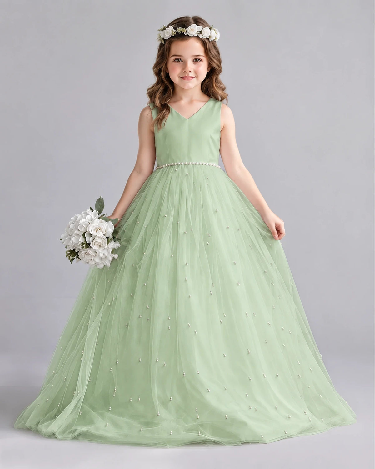 Sage Green Ball Gown Girls Formal Dresses Front