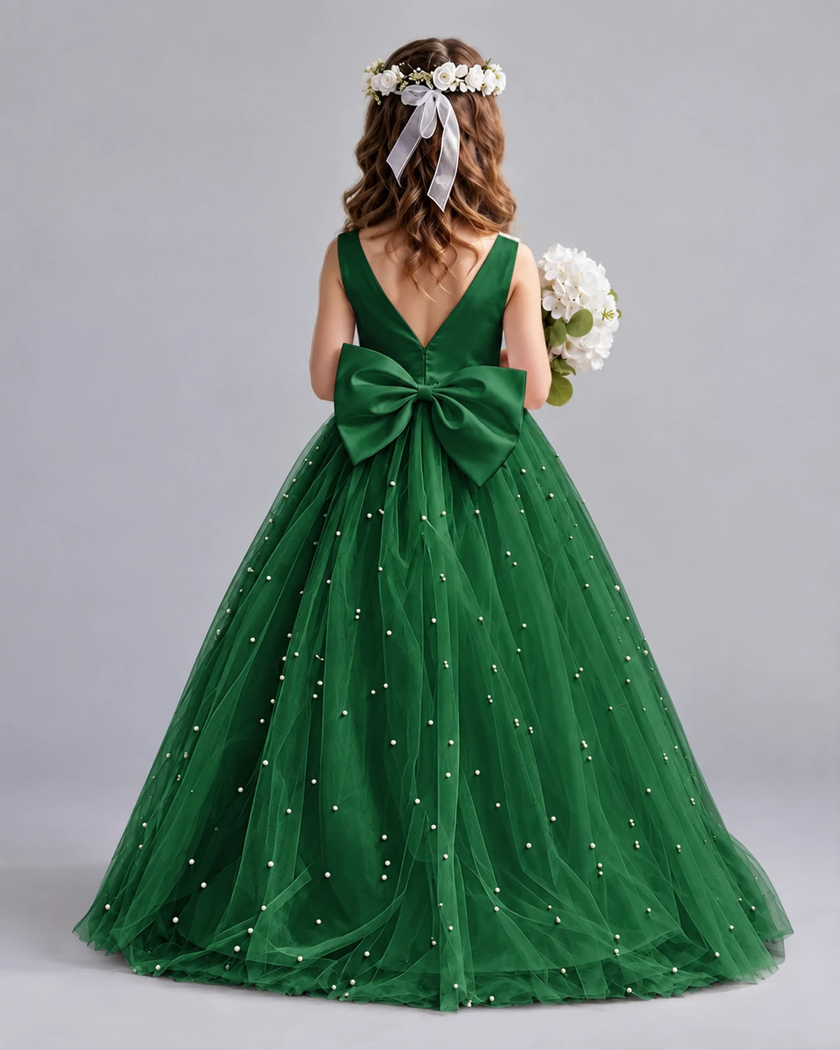 Dark Green Ball Gown Girls Formal Dresses Back