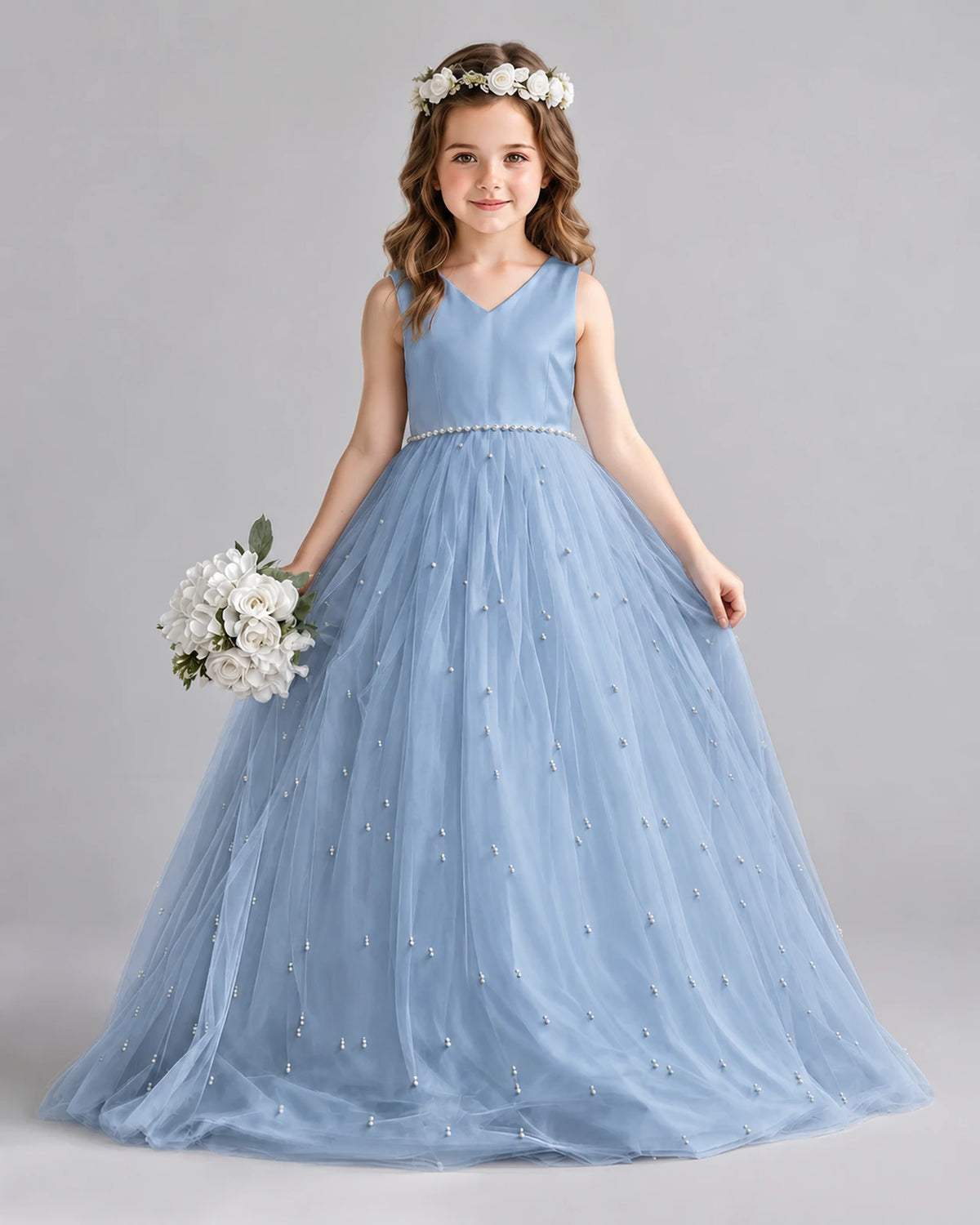 Dusty Blue Ball Gown Girls Formal Dresses Front