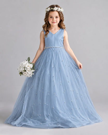 Dusty Blue Ball Gown Girls Formal Dresses Front