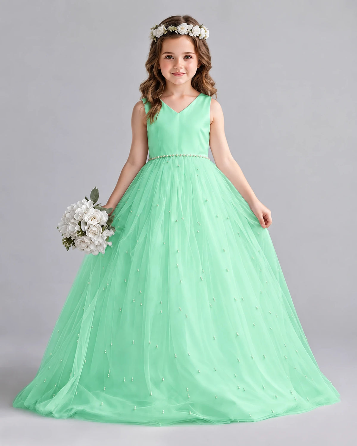 Mint Green Ball Gown Girls Formal Dresses Front