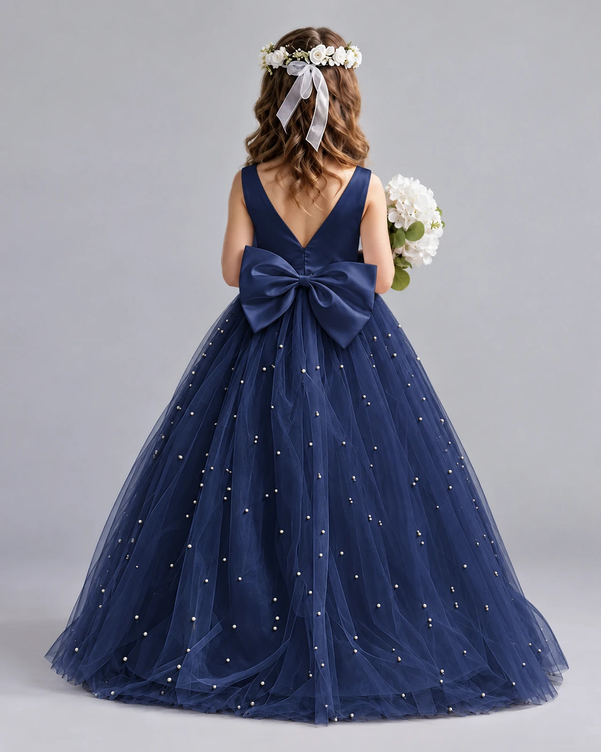 Navy Blue Ball Gown Girls Formal Dresses Back