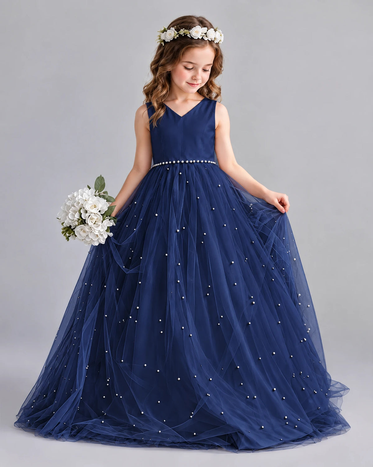 Navy Blue Ball Gown Girls Formal Dresses Pose