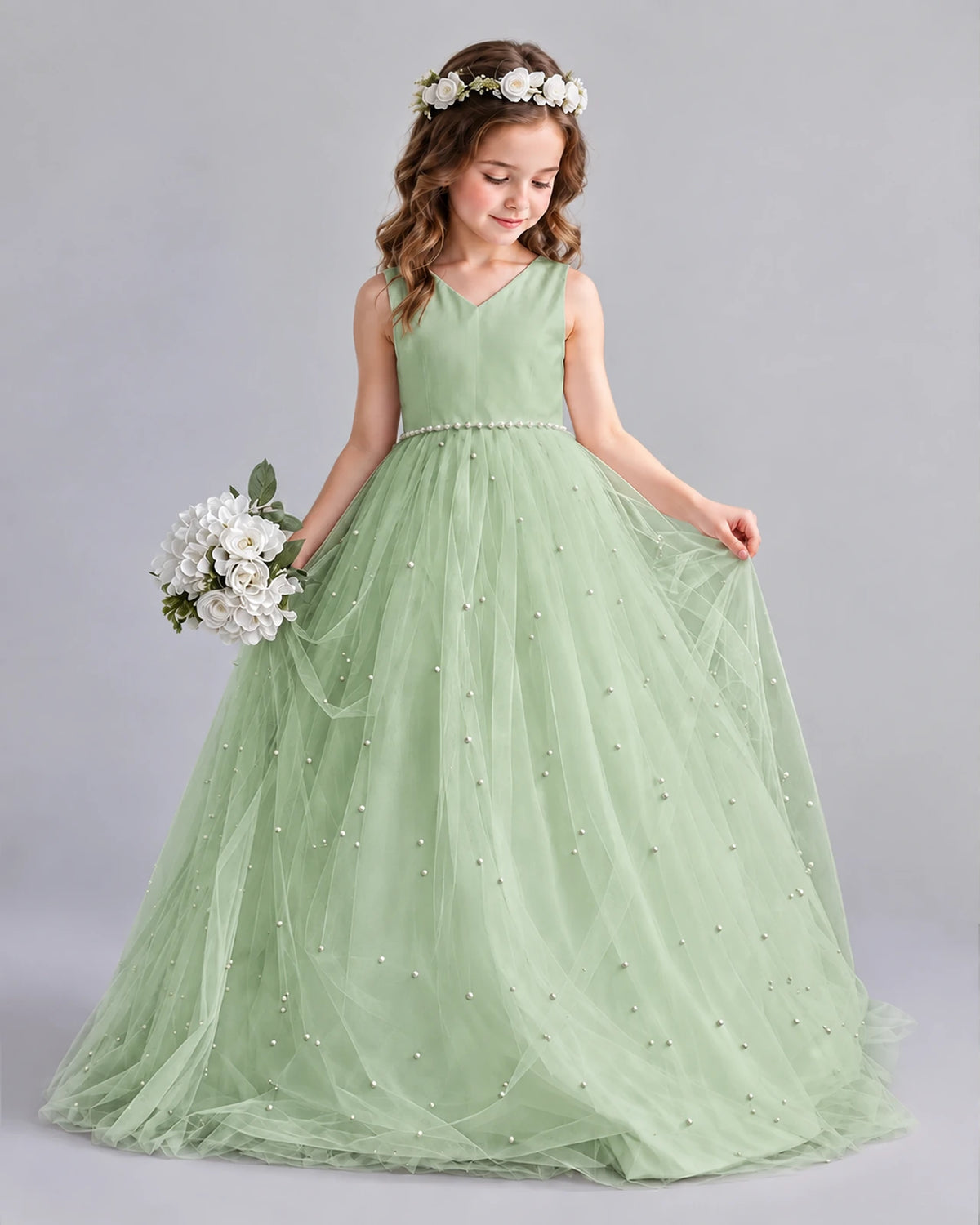 Sage Green Ball Gown Girls Formal Dresses Pose