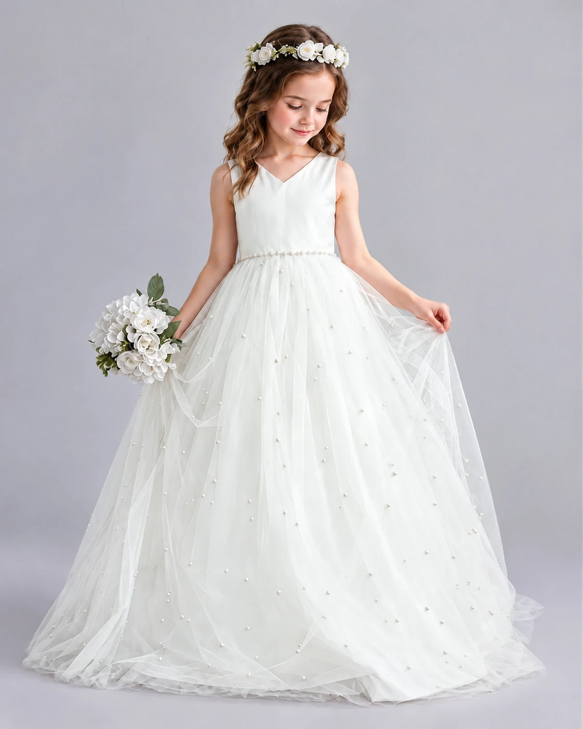 Ivory Ball Gown Girls Formal Dresses Pose