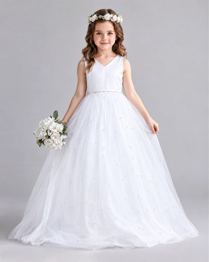 White Ball Gown Girls Formal Dresses Front