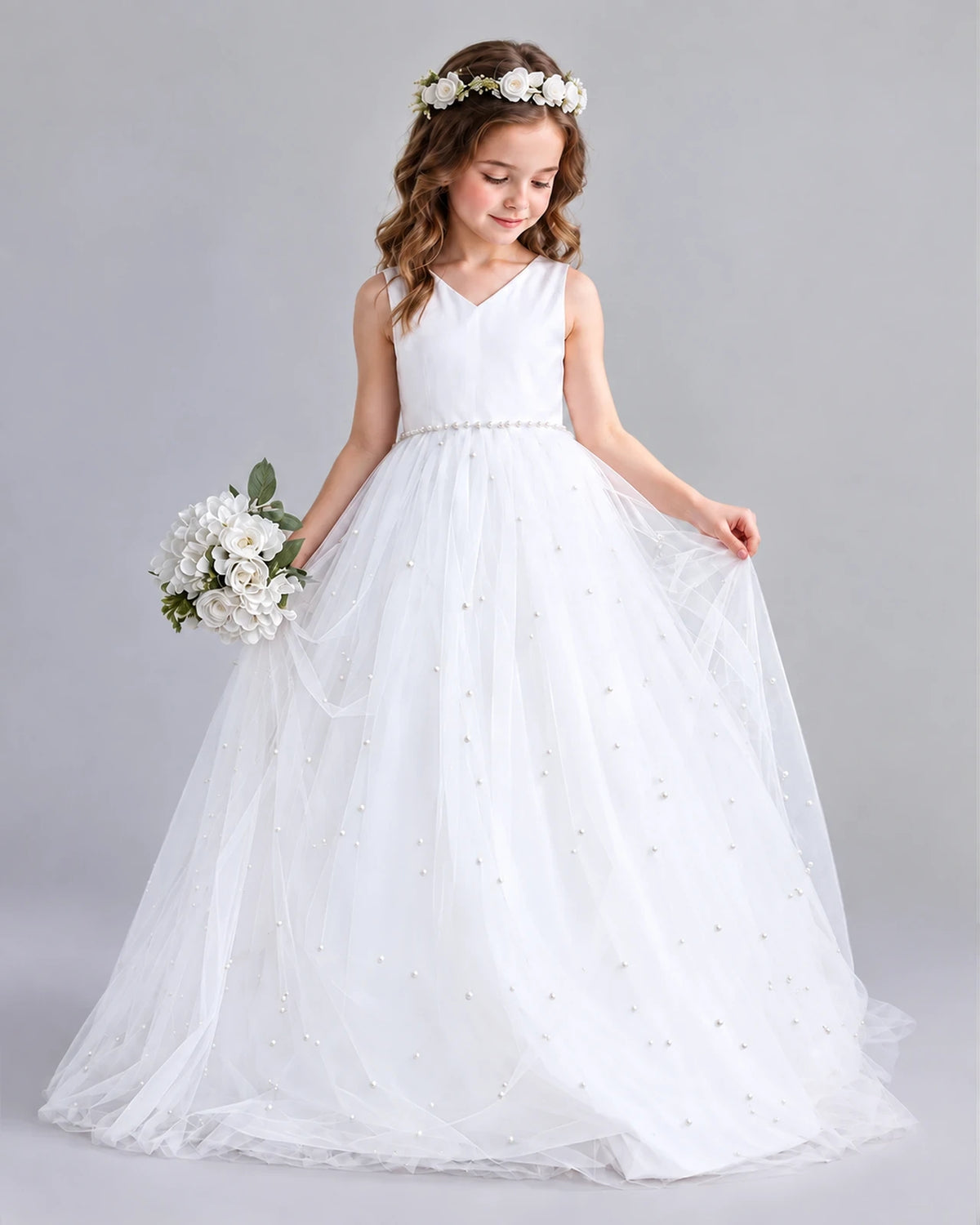 White Ball Gown Girls Formal Dresses Pose