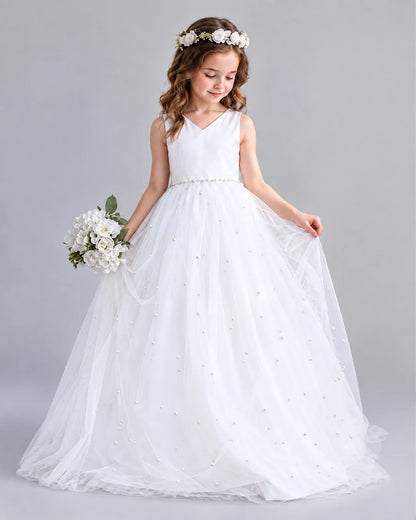 White Ball Gown Girls Formal Dresses Pose