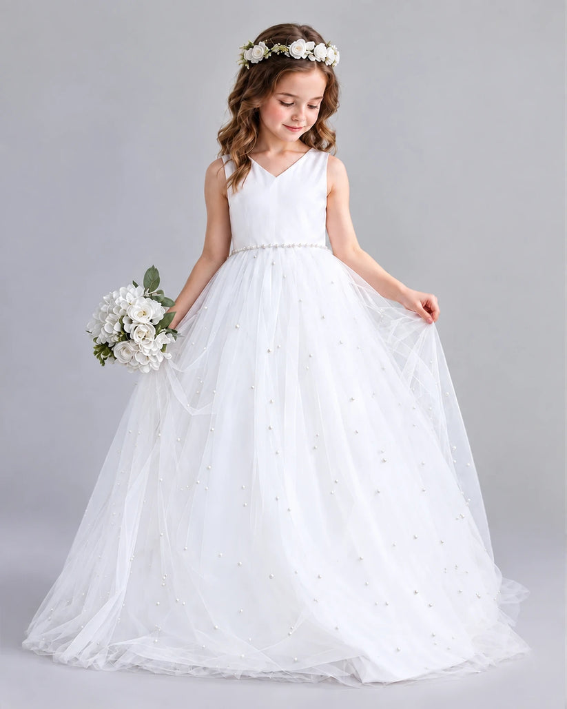 White Ball Gown Girls Formal Dresses Pose