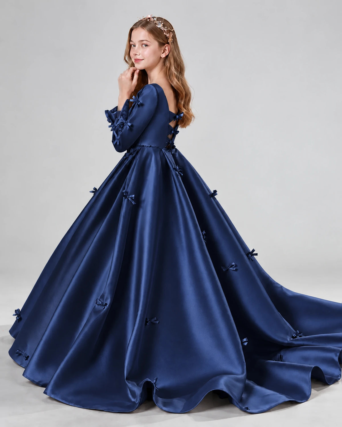 Navy Blue Ball Gown Girls Formal Dresses Side
