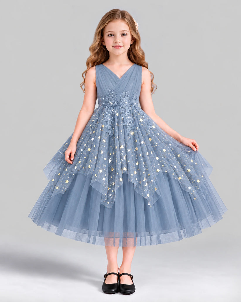 Dusty Blue Ball Gown Girls Formal Dress Front
