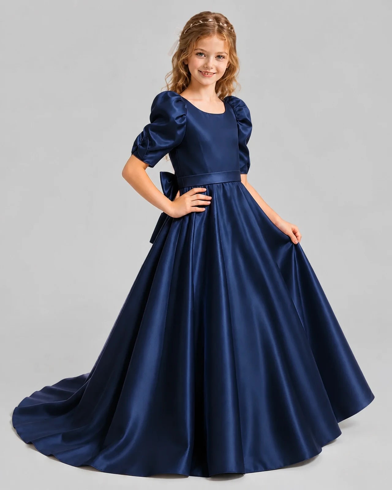 Navy Blue Ball Gown Girls Formal Dresses Side