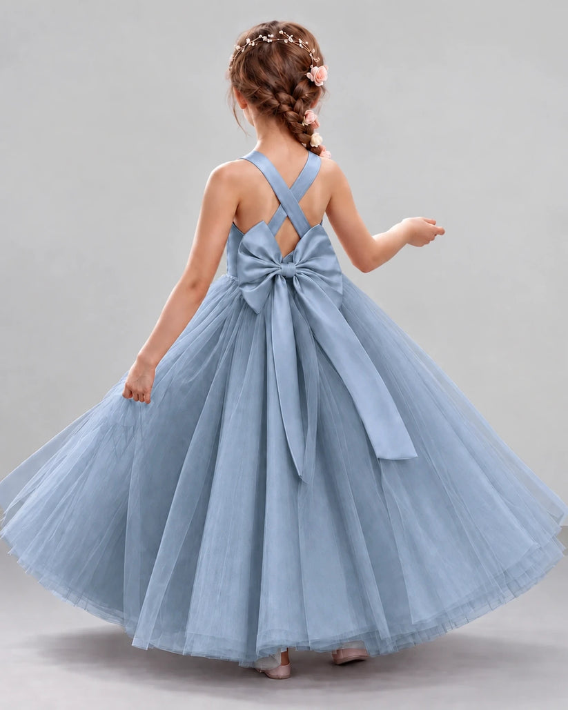 Dusty Blue Ball Gown Flower Girl Dresses Back