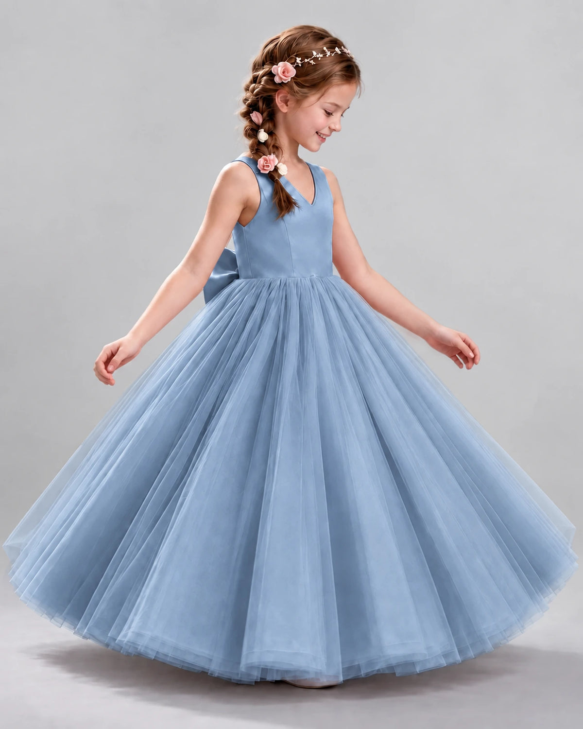 Dusty Blue Ball Gown Flower Girl Dresses Side