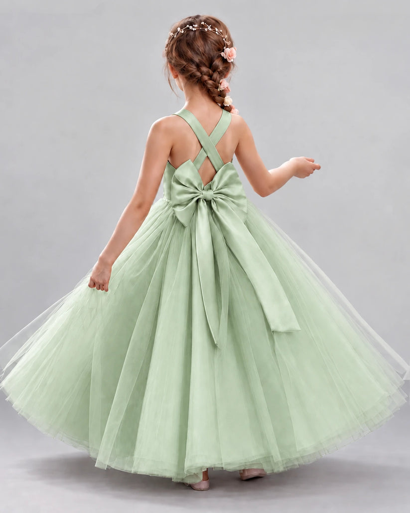 Sage Green Ball Gown Flower Girl Dresses Back