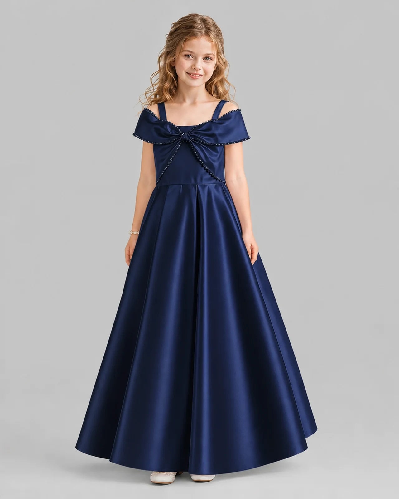 Navy Blue A-line Girls Formal Dresses Front