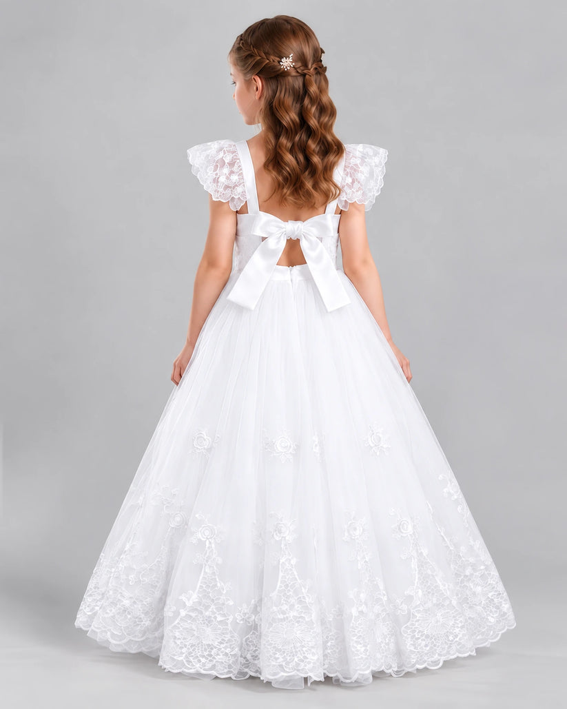 White A-line Flower Girl Dresses Back