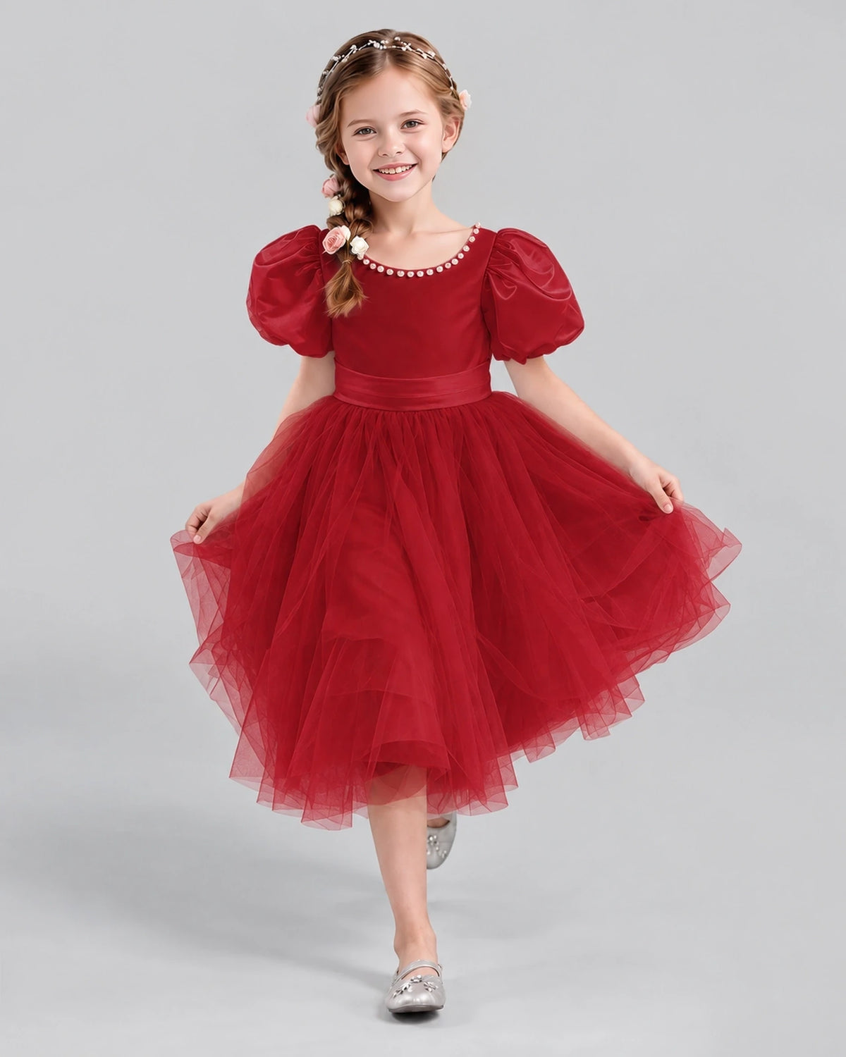 Burgundy A-line Girls Formal Dresses Pose