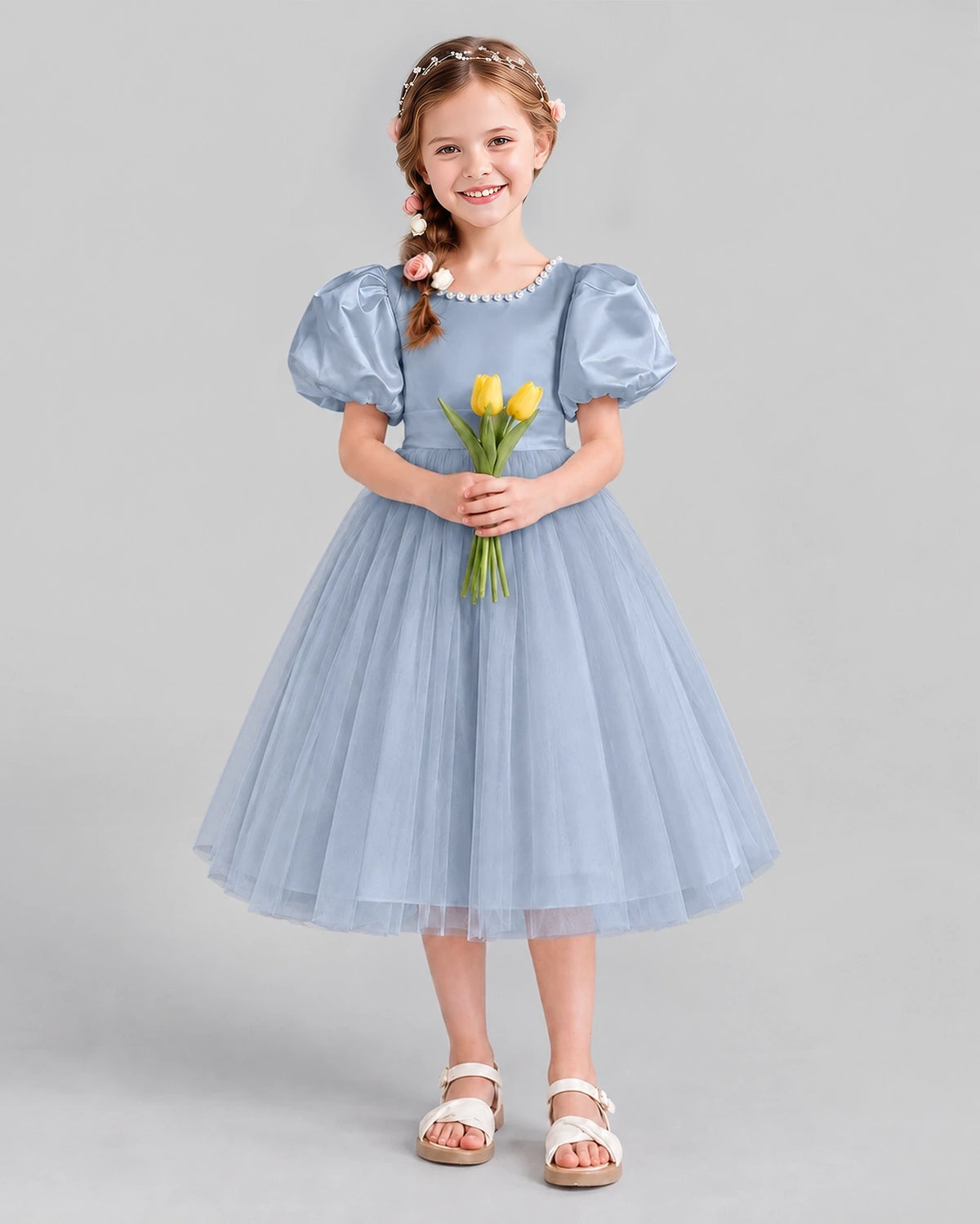 Dusty Blue A-line Girls Formal Dresses Front