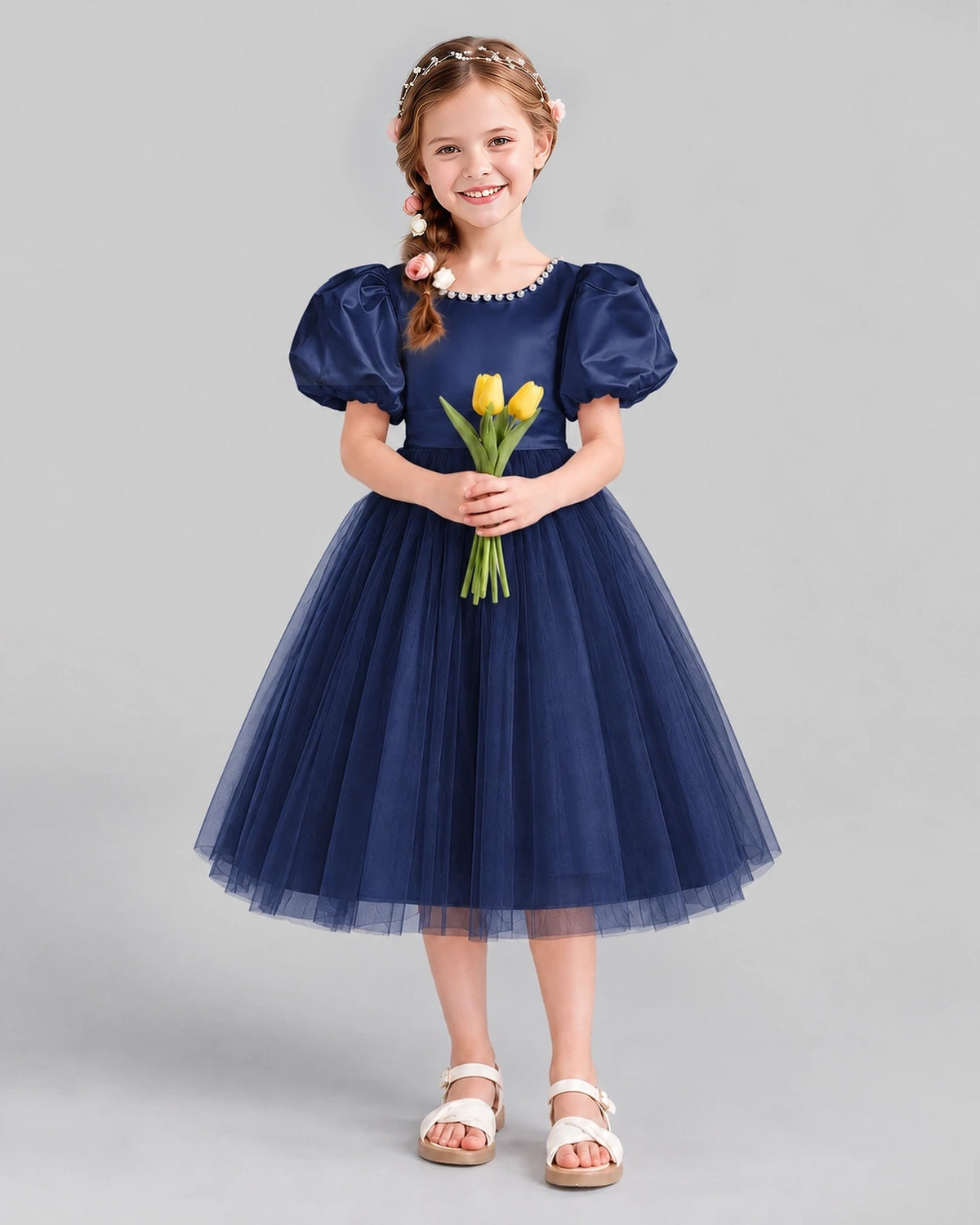 Navy Blue A-line Girls Formal Dresses Front