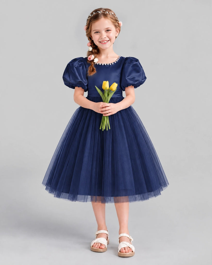 Navy Blue A-line Girls Formal Dresses Front
