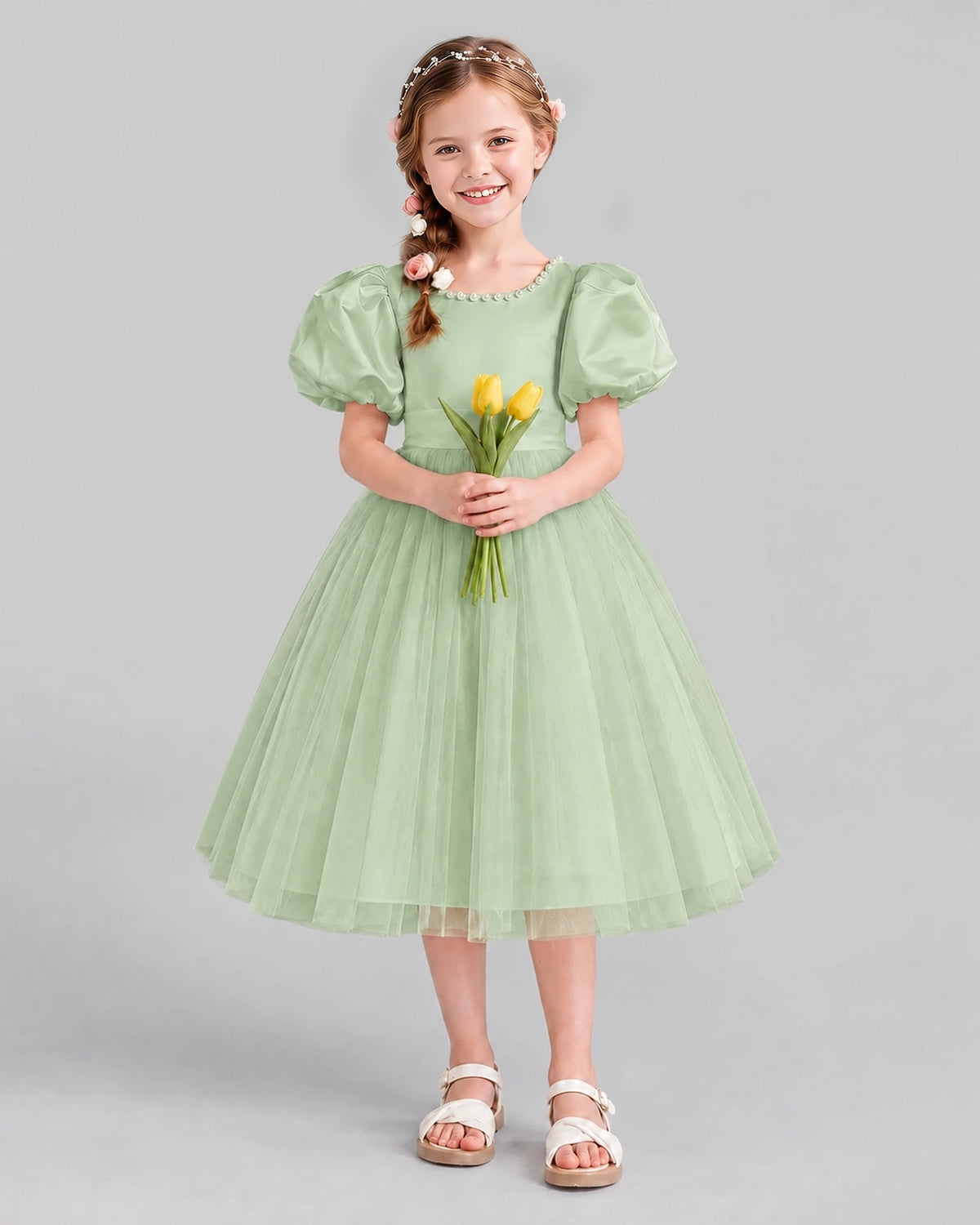 Sage Green A-line Girls Formal Dresses Front