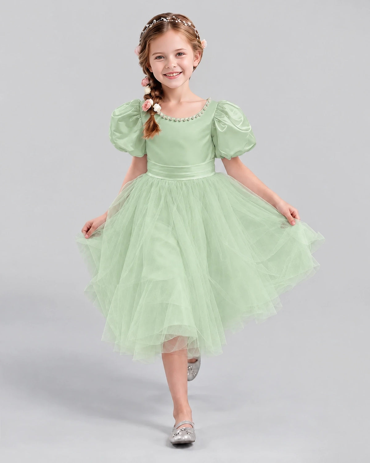 Sage Green A-line Girls Formal Dresses Pose