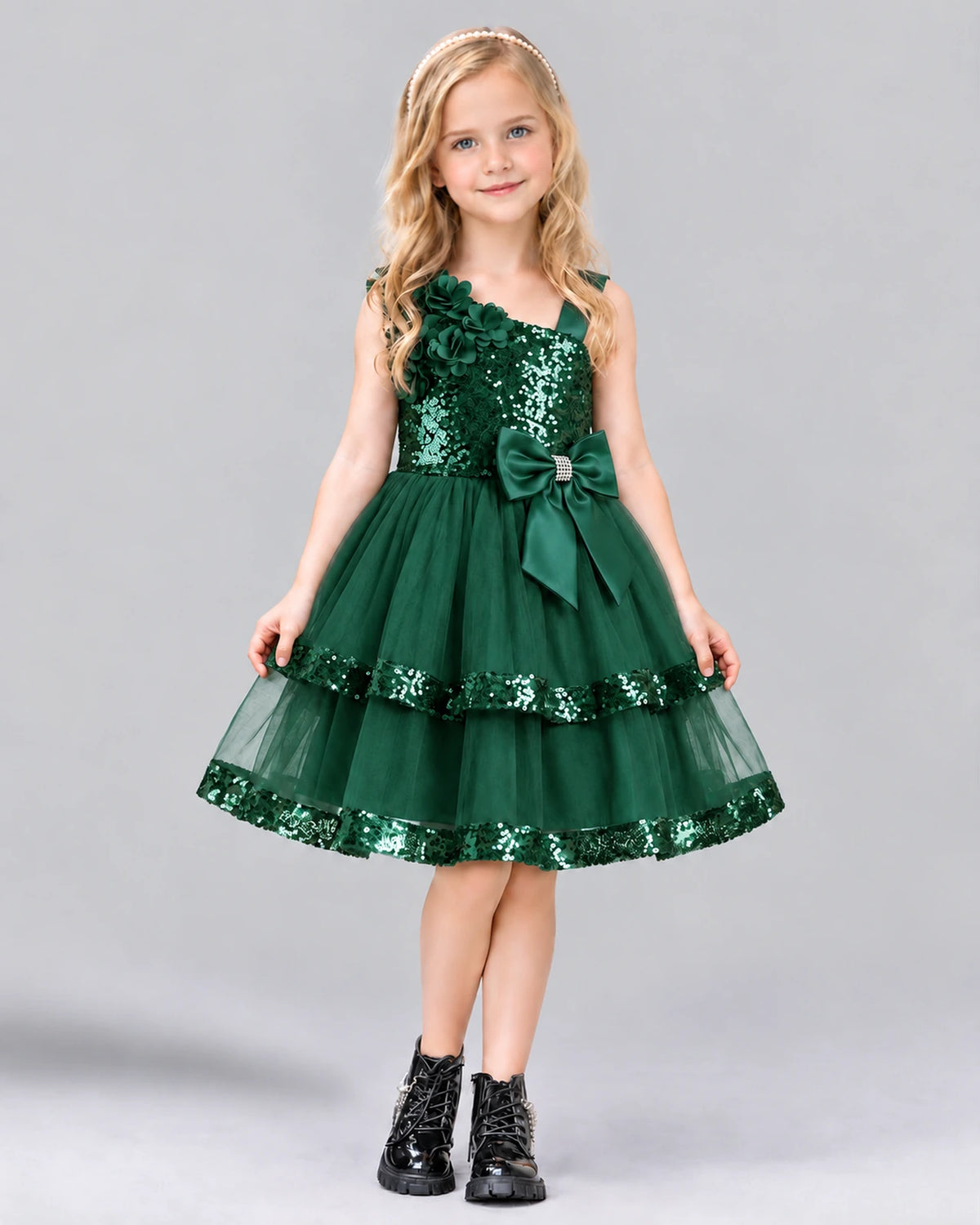 Dark Green A-line Girls Formal Dress Front