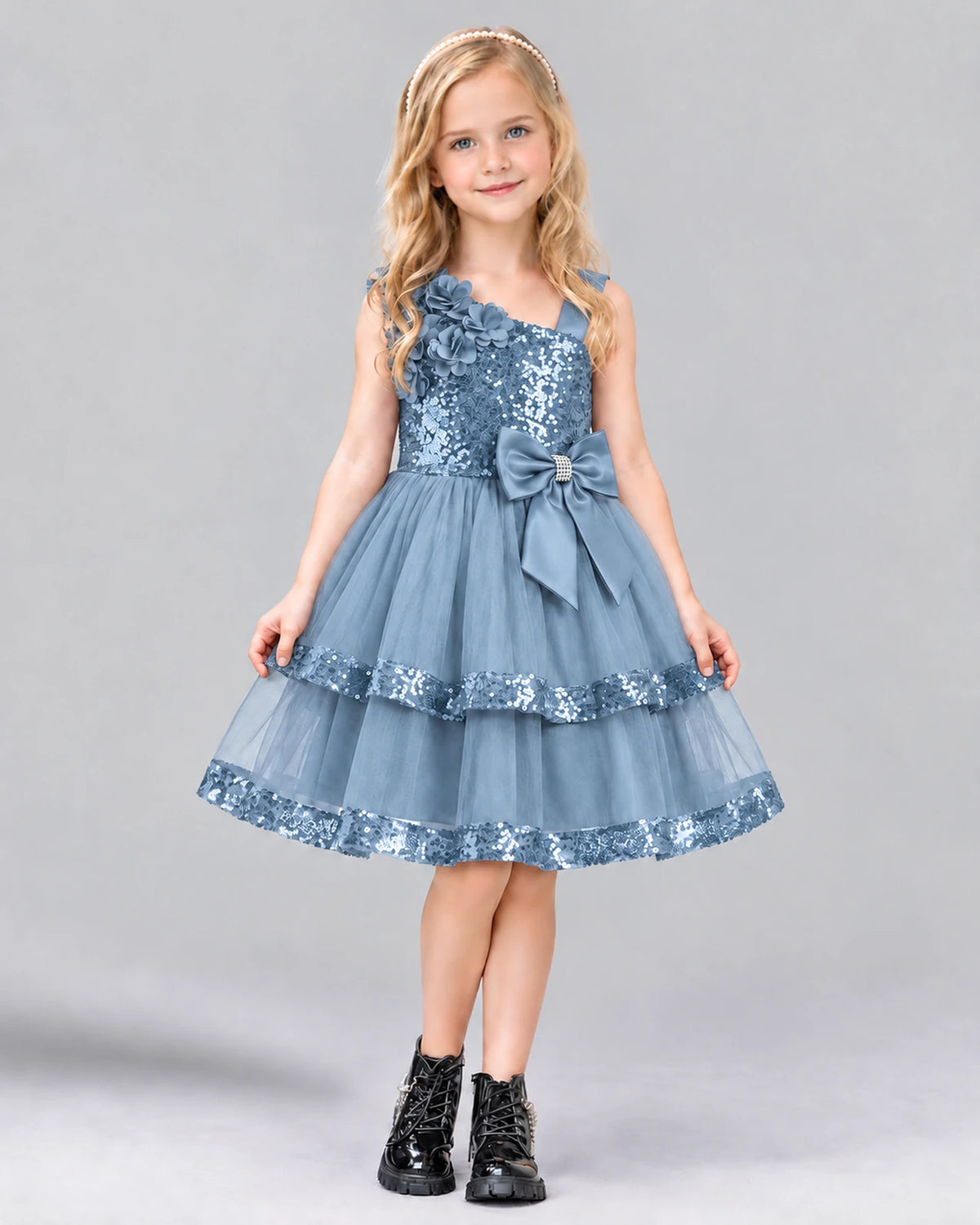 Dusty Blue A-line Girls Formal Dress Front