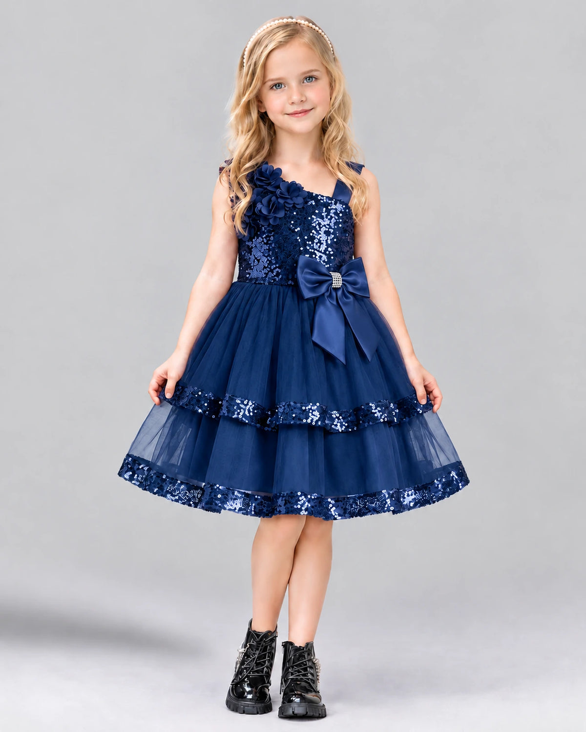 Navy Blue A-line Girls Formal Dress Front