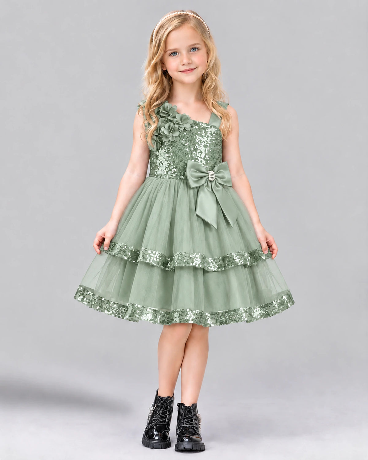 Sage Green A-line Girls Formal Dress Front