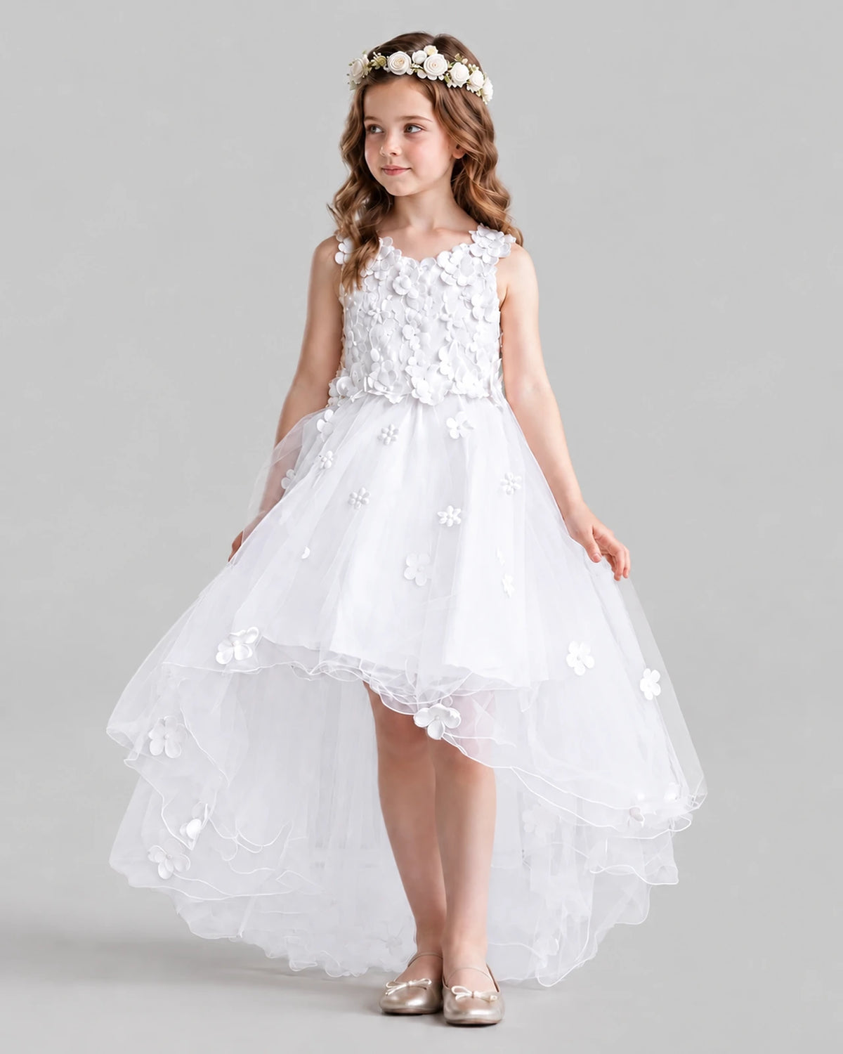 White Ball Gown Flower Girl Dresses Pose