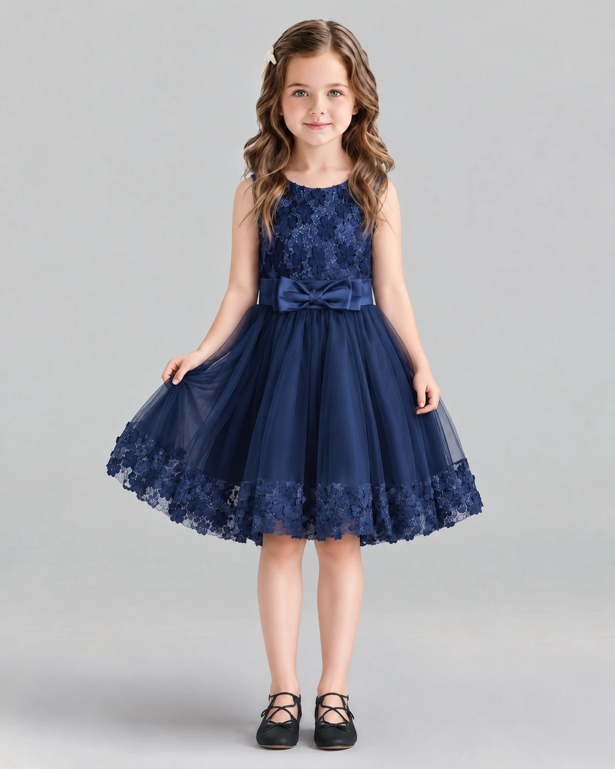 Navy Blue A-line Girls Formal Dresses Front
