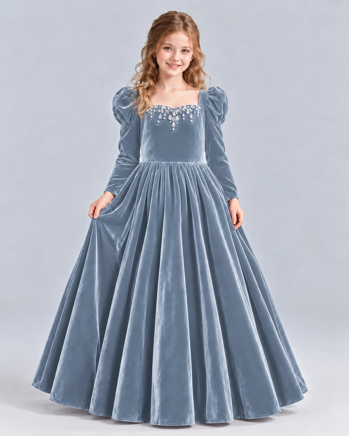 Dusty Blue Ball Gown Girls Formal Dress Front