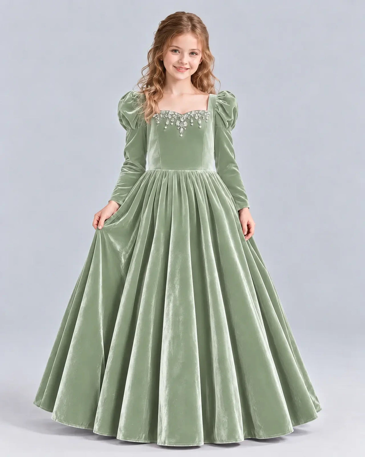 Sage Green Ball Gown Girls Formal Dress Front